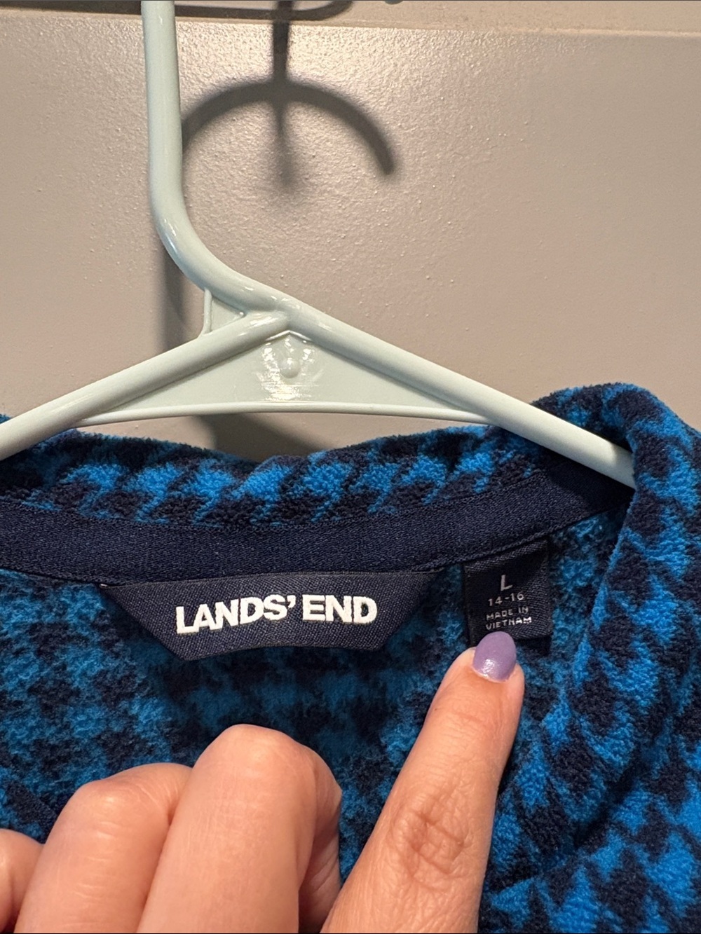 Lands' End Blue Black Houndstooth Fleece Quarter Zip Pullover L 14-16 - Picture 2 of 6